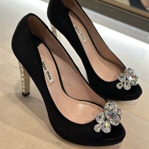 Miu Miu Black Satin Crystal Embellished Heel
Peep Toe Platform Pumps Size 37.5
